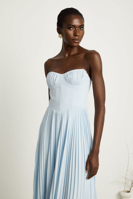 Jessica Blue Maxi Dress with Off - Shoulder Corset Style and Pleated Skirt