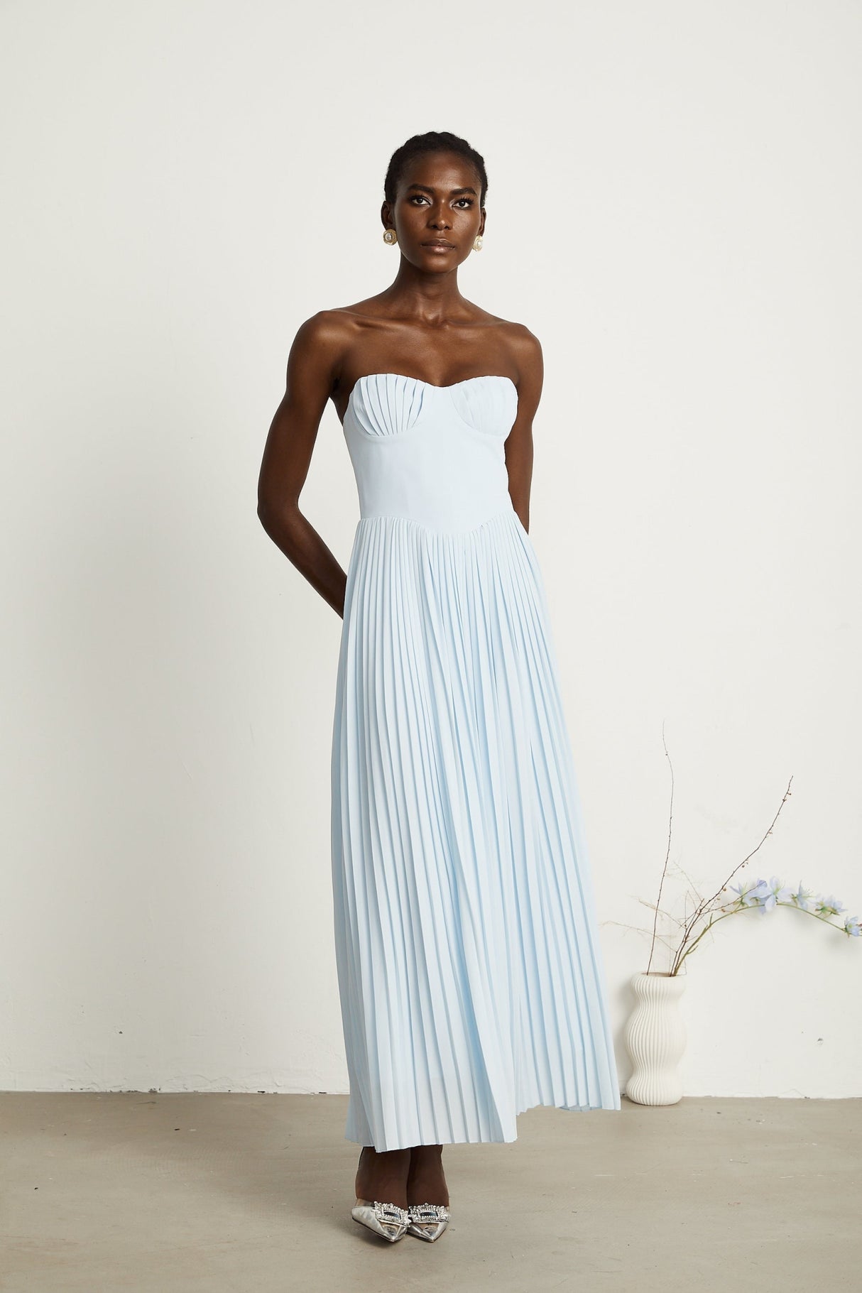 Jessica Blue Maxi Dress with Off - Shoulder Corset Style and Pleated Skirt