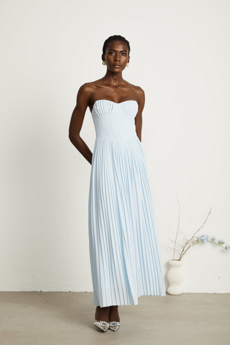 Jessica Blue Maxi Dress with Off - Shoulder Corset Style and Pleated Skirt