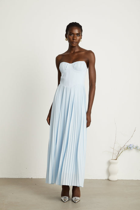 Jessica Blue Maxi Dress with Off - Shoulder Corset Style and Pleated Skirt