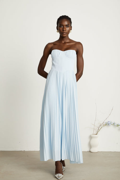 Jessica Blue Maxi Dress with Off - Shoulder Corset Style and Pleated Skirt