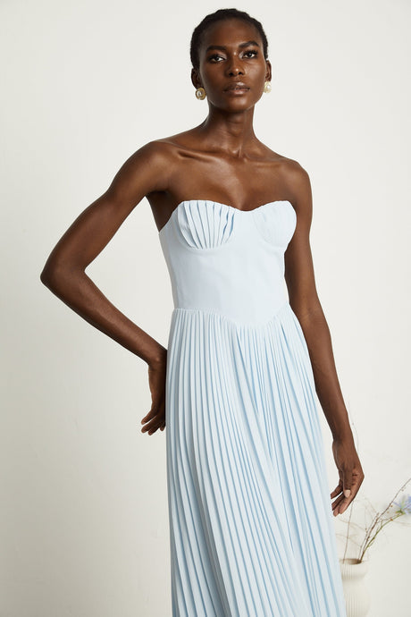 Jessica Blue Maxi Dress with Off - Shoulder Corset Style and Pleated Skirt