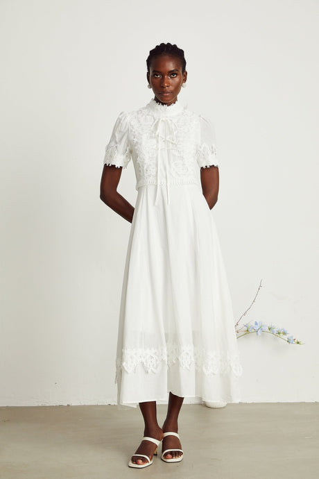 Jessica Floral Midi Dress - Mock Neck - Short Sleeves - Lace Embellishment - A - line Skirt