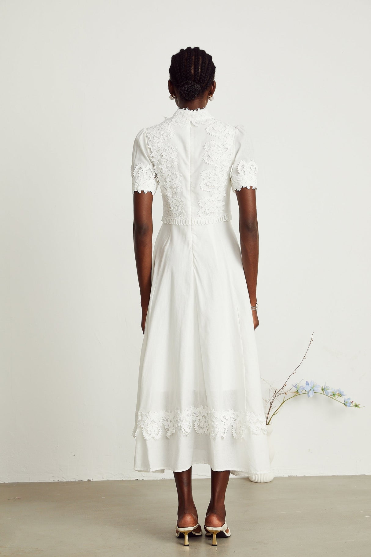 Jessica Floral Midi Dress - Mock Neck - Short Sleeves - Lace Embellishment - A - line Skirt