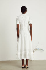 Jessica Floral Midi Dress - Mock Neck - Short Sleeves - Lace Embellishment - A - line Skirt