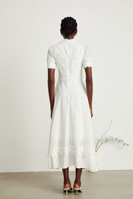 Jessica Floral Midi Dress - Mock Neck - Short Sleeves - Lace Embellishment - A - line Skirt