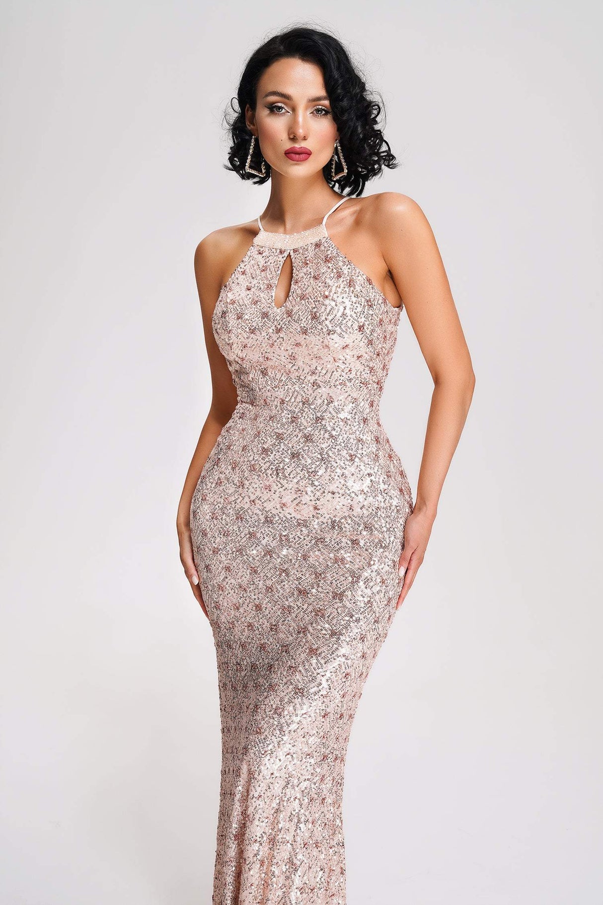 Jessica Pink Sequin Maxi Dress Keyhole Cutout Elegant Evening Gala Wedding Formal Casual Glamour