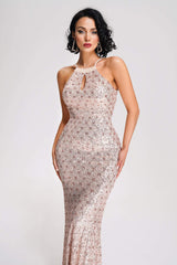 Jessica Pink Sequin Maxi Dress Keyhole Cutout Elegant Evening Gala Wedding Formal Casual Glamour