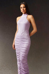 Jessica Purple Halter Maxi Dress Diamond Fold Design Ruched Sides Formal Evening Wear