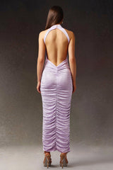 Jessica Purple Halter Maxi Dress Diamond Fold Design