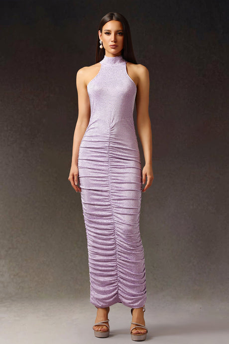 Jessica Purple Halter Maxi Dress Diamond Fold Detailing