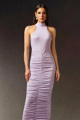 Jessica Purple Halter Maxi Dress Diamond Fold Detailing Formal Evening Wear