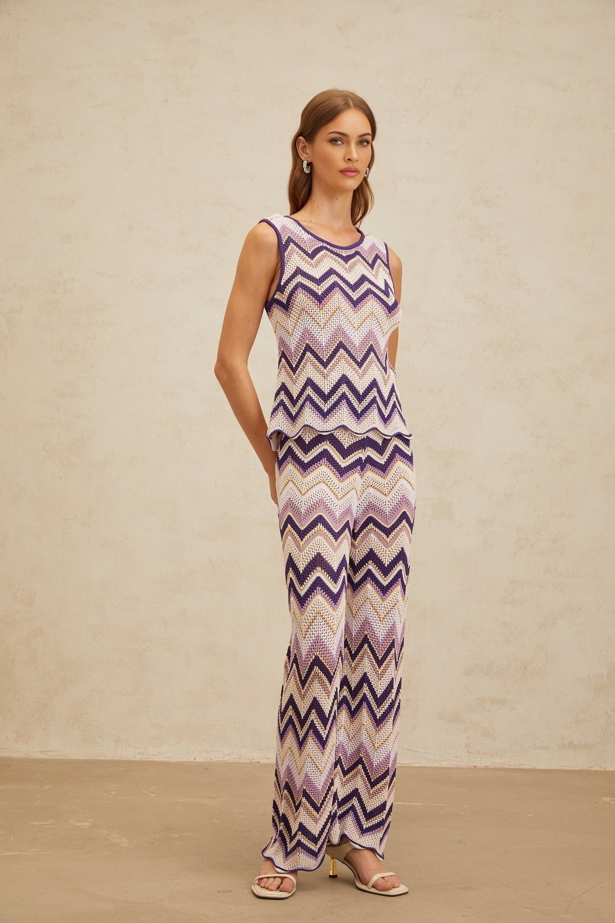 Jessica Zigzag Knit Top & Trousers Set - Sleeveless - Metallic Threading - Scallop Hem - Elasticated Waistband