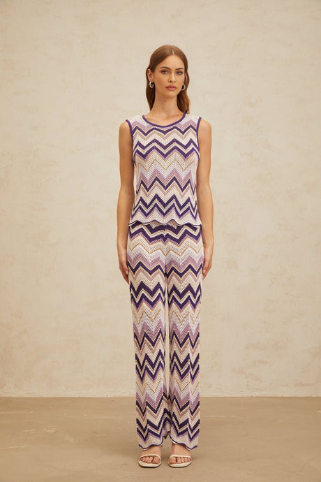 Jessica Zigzag Knit Top & Trousers Set - Sleeveless - Metallic Threading - Scallop Hem - Elasticated Waistband