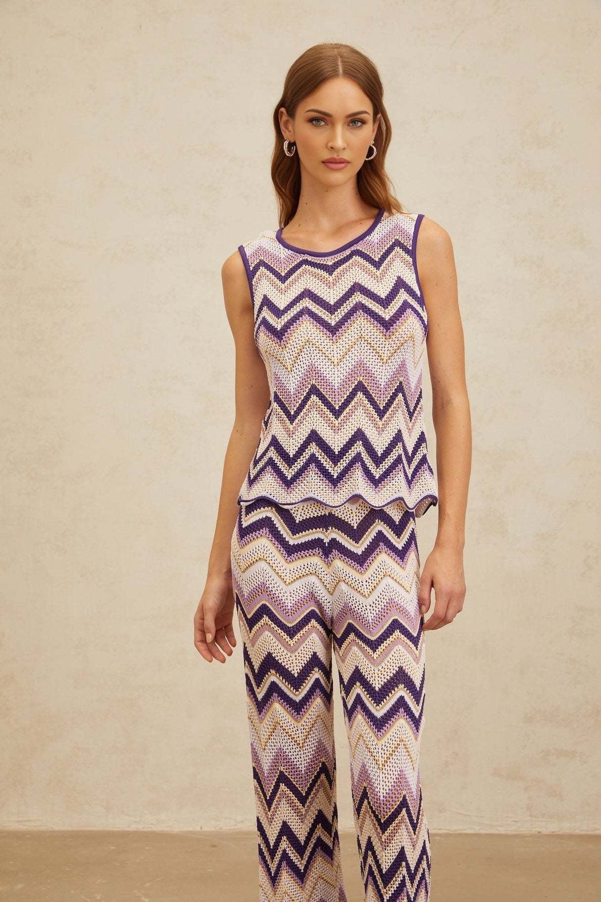 Jessica Zigzag Knit Top & Trousers Set - Sleeveless - Metallic Threading - Scallop Hem - Elasticated Waistband