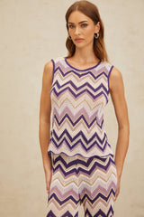 Jessica Zigzag Knit Top & Trousers Set - Sleeveless - Metallic Threading - Scallop Hem - Elasticated Waistband