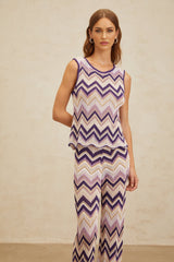 Jessica Zigzag Knit Top & Trousers Set - Sleeveless - Metallic Threading - Scallop Hem - Elasticated Waistband