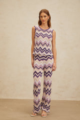 Jessica Zigzag Knit Top & Trousers Set - Sleeveless - Metallic Threading - Scallop Hem - Elasticated Waistband
