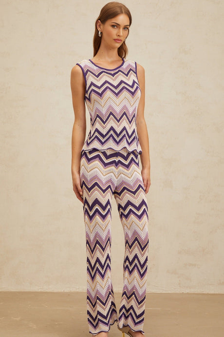 Jessica Zigzag Knit Top & Trousers Set - Sleeveless - Metallic Threading - Scallop Hem - Elasticated Waistband