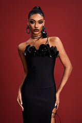 Joanna Black Midi Dress with Side Slit and Ruffled Detailing