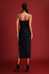 Joanna Black Ruffled Midi Dress with Side Slit and Fitted Bodice