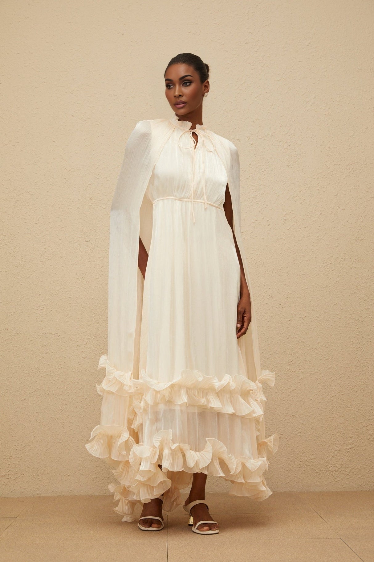 Jocelyn Midi Dress - Frilled Neck - Cape Design - Glossy Finish - Fully Pleated - Ruffled Trim