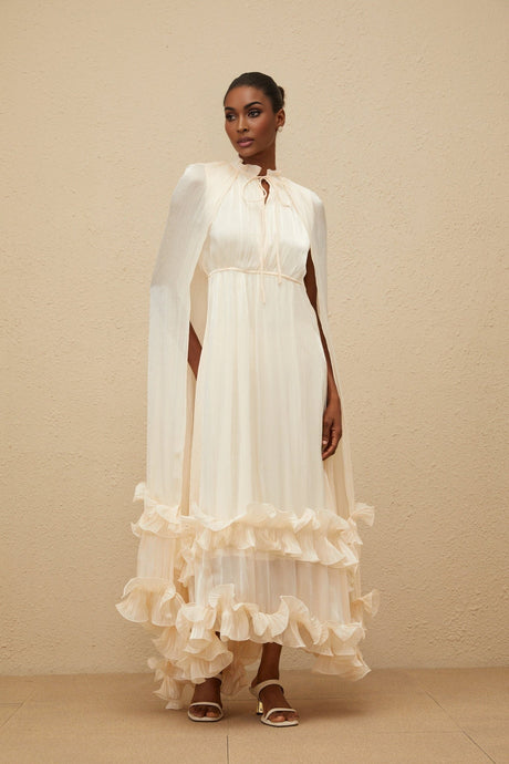 Jocelyn Midi Dress - Frilled Neck - Cape Design - Glossy Finish - Fully Pleated - Ruffled Trim