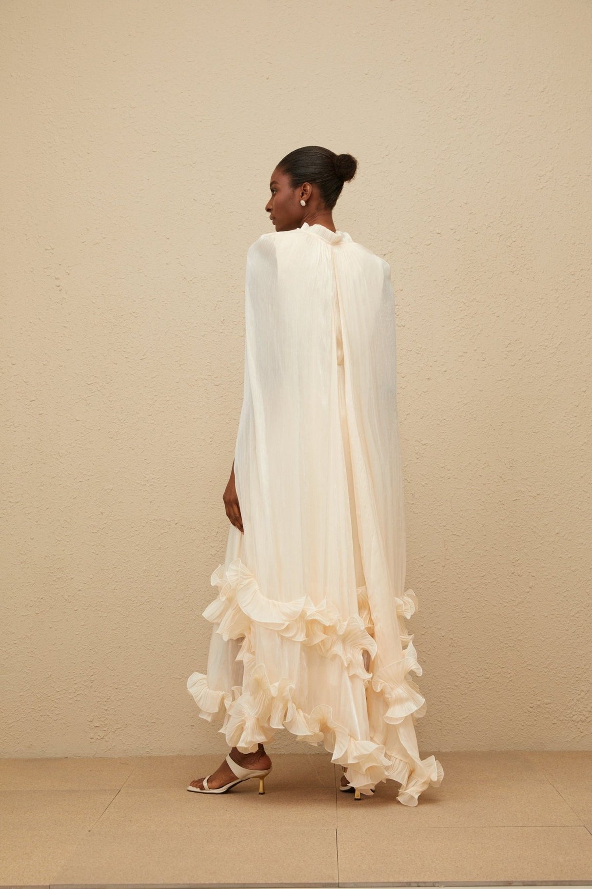 Jocelyn Midi Dress - Frilled Neck - Cape Design - Glossy Finish - Fully Pleated - Ruffled Trim