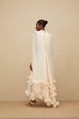 Jocelyn Midi Dress - Frilled Neck - Cape Design - Glossy Finish - Fully Pleated - Ruffled Trim