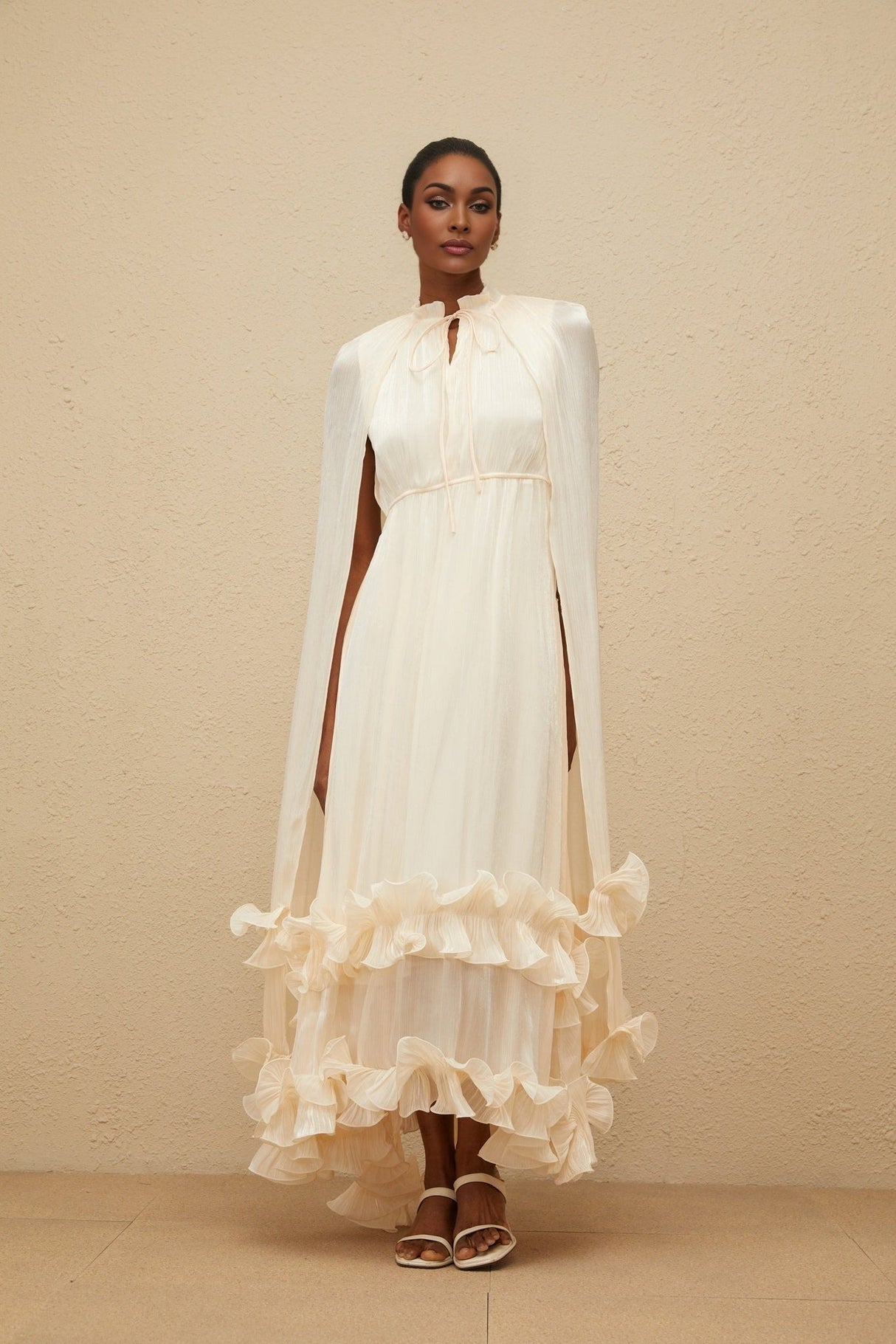 Jocelyn Midi Dress - Frilled Neck - Cape Design - Glossy Finish - Fully Pleated - Ruffled Trim