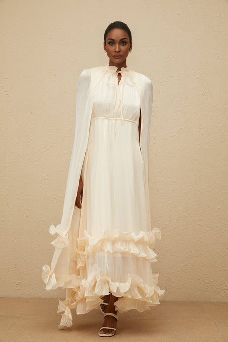 Jocelyn Midi Dress - Frilled Neck - Cape Design - Glossy Finish - Fully Pleated - Ruffled Trim