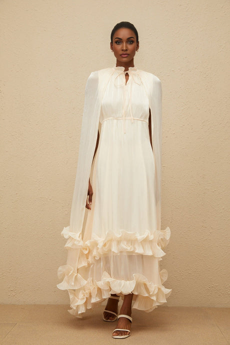 Jocelyn Midi Dress - Frilled Neck - Cape Design - Glossy Finish - Fully Pleated - Ruffled Trim