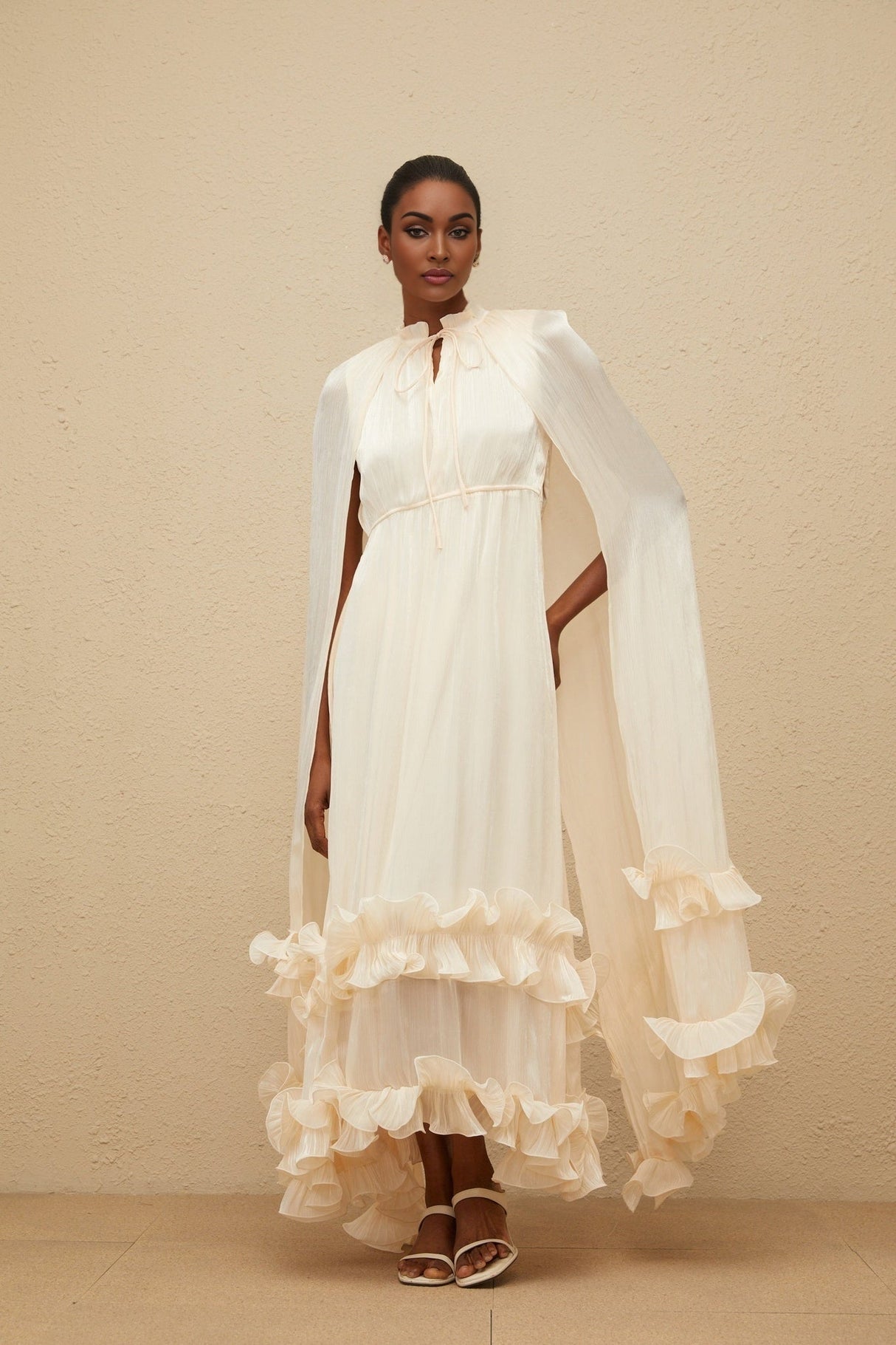 Jocelyn Midi Dress - Frilled Neck - Cape Design - Glossy Finish - Fully Pleated - Ruffled Trim