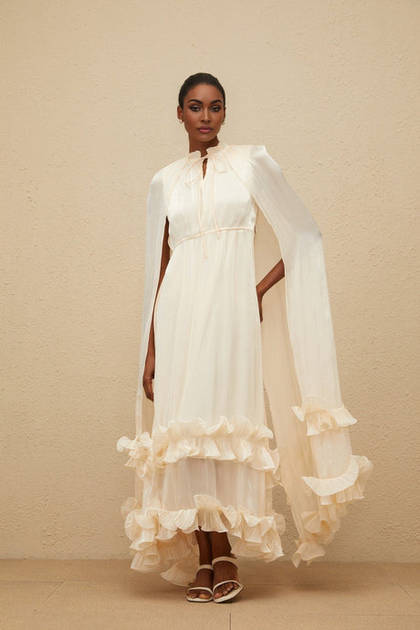 Jocelyn Midi Dress - Frilled Neck - Cape Design - Glossy Finish - Fully Pleated - Ruffled Trim