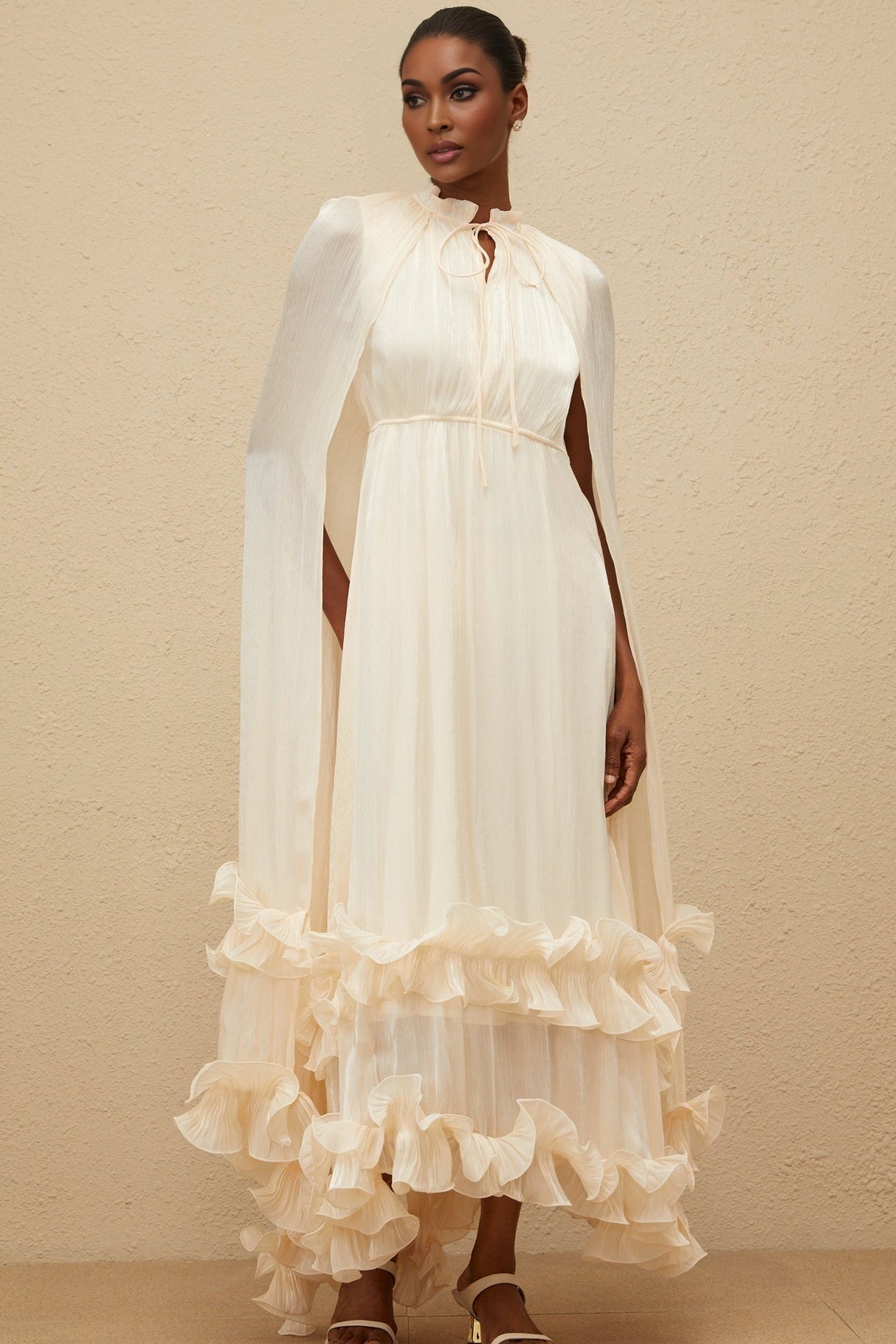 Jocelyn Midi Dress - Frilled Neck - Cape Design - Glossy Finish - Fully Pleated - Ruffled Trim