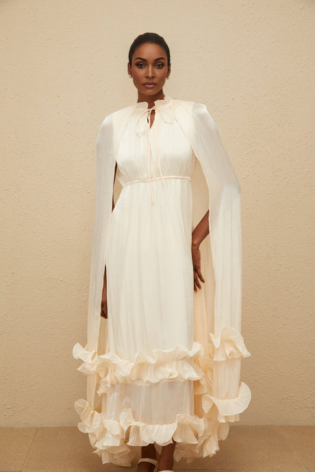 Jocelyn Midi Dress - Frilled Neck - Cape Design - Glossy Finish - Fully Pleated - Ruffled Trim