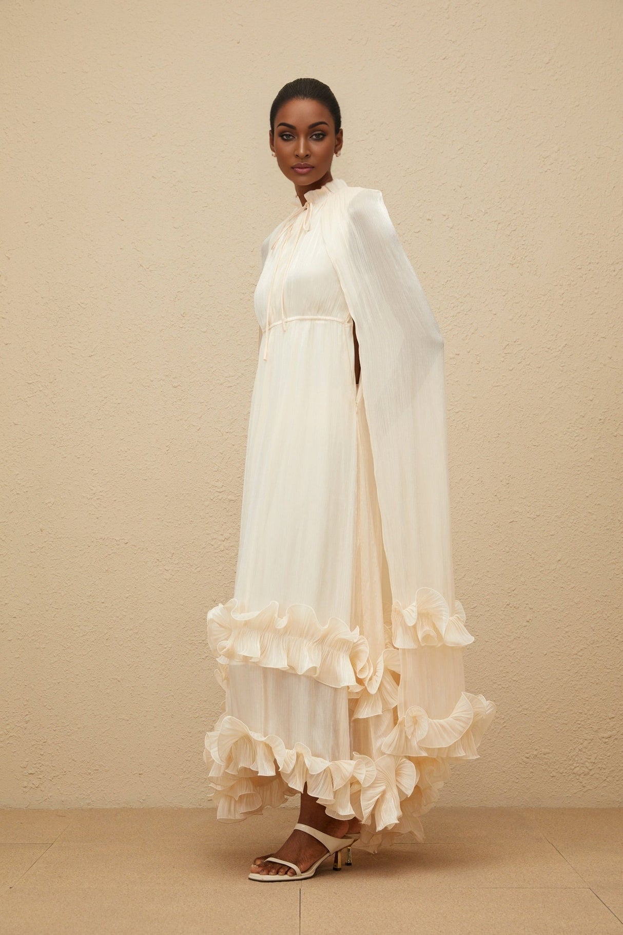 Jocelyn Midi Dress - Frilled Neck - Cape Design - Glossy Finish - Fully Pleated - Ruffled Trim