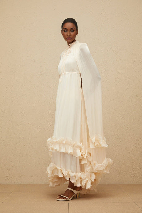 Jocelyn Midi Dress - Frilled Neck - Cape Design - Glossy Finish - Fully Pleated - Ruffled Trim