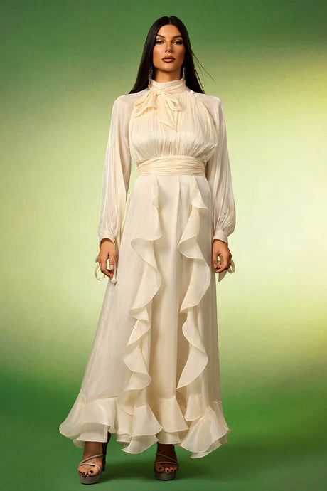 Johanna Beige Ruffle Detail High Neck Dress