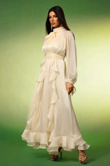 Johanna Beige Ruffle Detail Long Sleeve Dress