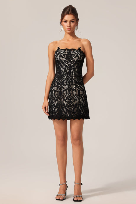 Johanna Black Lace Mini Dress Strapless Elegant Fit Feel Scalloped Hemline
