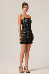 Johanna Black Lace Mini Dress Strapless Elegant Glamorous Scalloped Hemline
