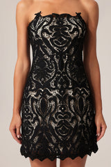 Johanna Black Lace Overlay Mini Dress Strapless Neckline Elegant Glamorous Scalloped Hemline