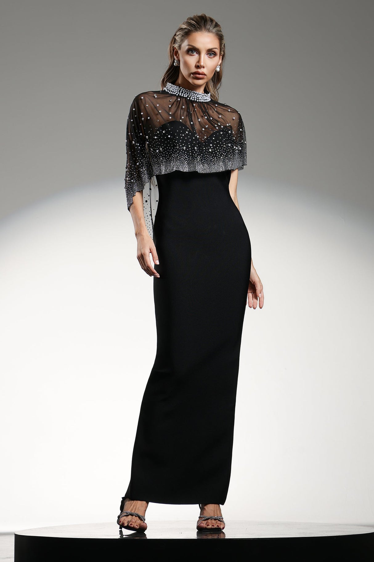 Johanna Black Maxi Dress with Diamond Pearl Detailing and Layered Cape Design