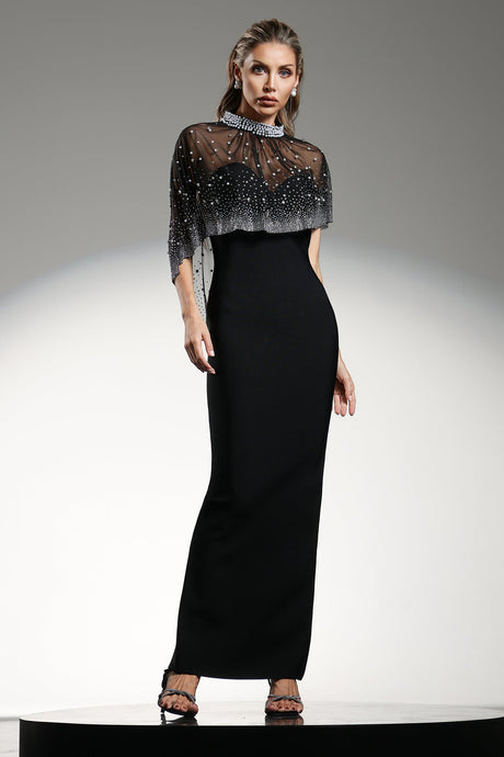 Johanna Black Maxi Dress with Diamond Pearl Detailing and Layered Cape Design