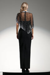 Johanna Black Maxi Dress with Diamond Pearl Detailing and Layered Cape Design