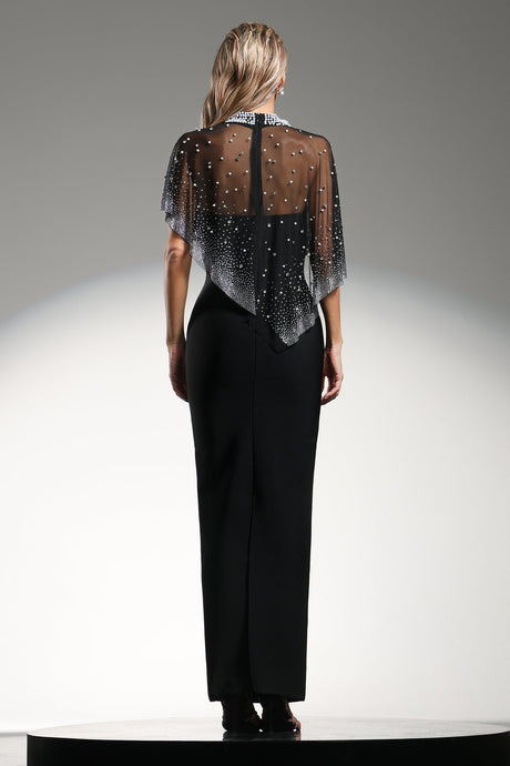 Johanna Black Maxi Dress with Diamond Pearl Detailing and Layered Cape Design
