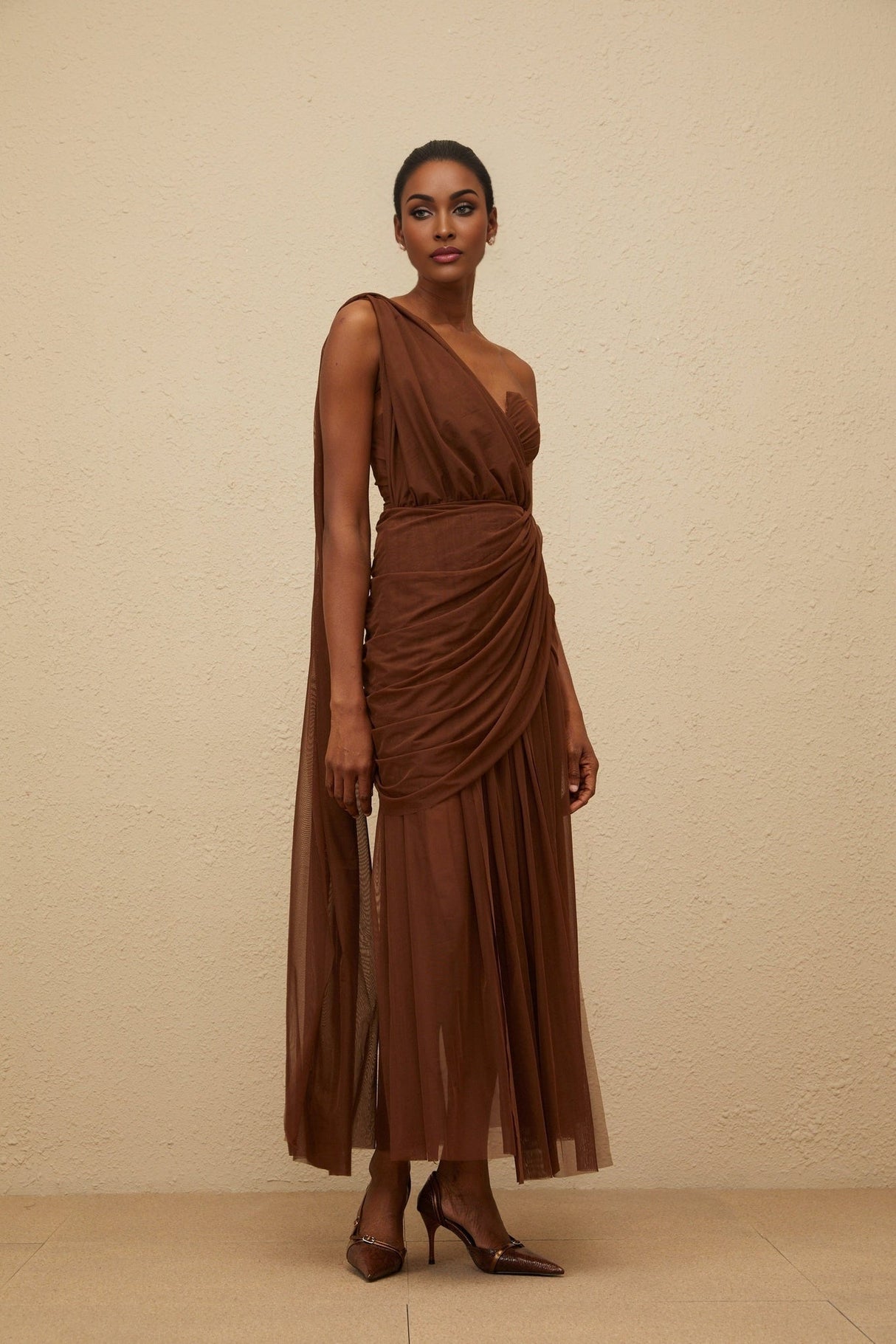 Jolanda Gown - One Shoulder Design - Cinched Waist - Ruched Detailing - Asymmetrical Style - Maxi Length