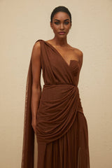 Jolanda Gown - One Shoulder Design - Cinched Waist - Ruched Detailing - Asymmetrical Style - Maxi Length