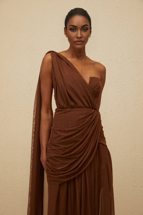 Jolanda Gown - One Shoulder Design - Cinched Waist - Ruched Detailing - Asymmetrical Style - Maxi Length